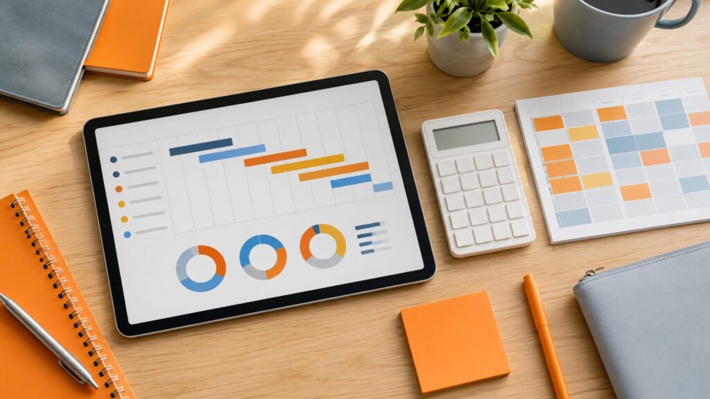 ホームページ制作の予算と納期を決める事前準備として、タブレットに表示されたスケジュール表や円グラフと電卓