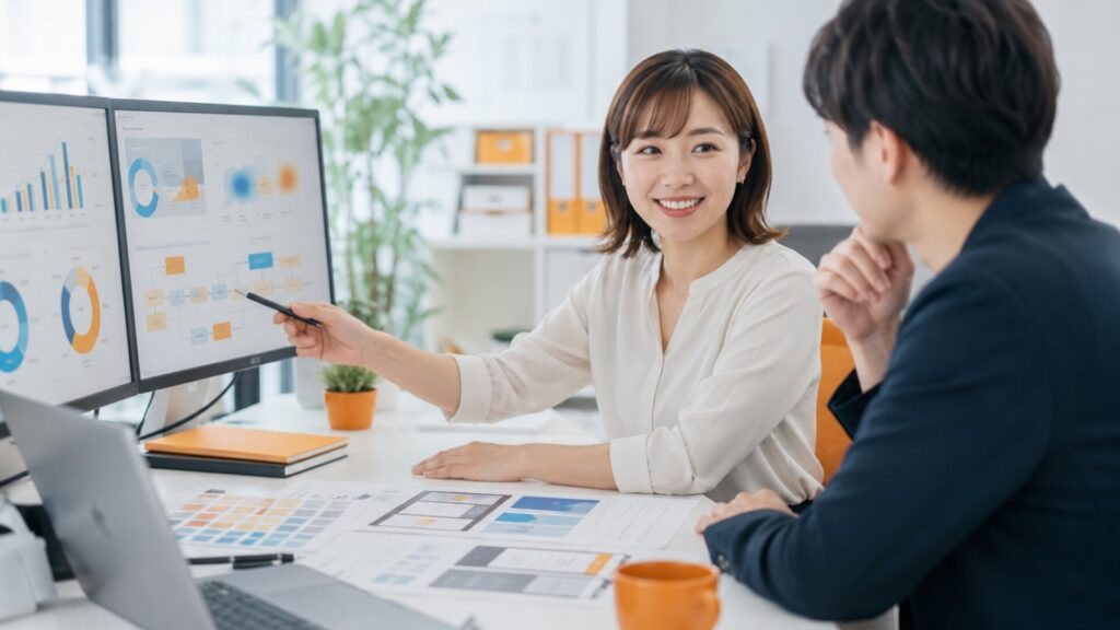 成果の出るBtoBサイト制作方法を検討するため、オフィスのPC画面に表示された分析データやチャートを見ながら話し合う男女。