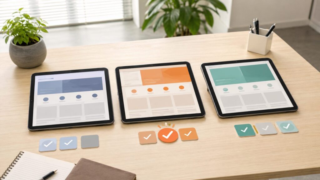 失敗しないホームページ制作会社の選び方として、3台のタブレットに表示された複数の提案を比較し1つを選択する場面
