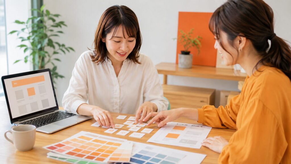 制作会社に要望を丸投げしないために、2人の女性がアイコンカードを並べ替えてホームページの構成を相談する場面