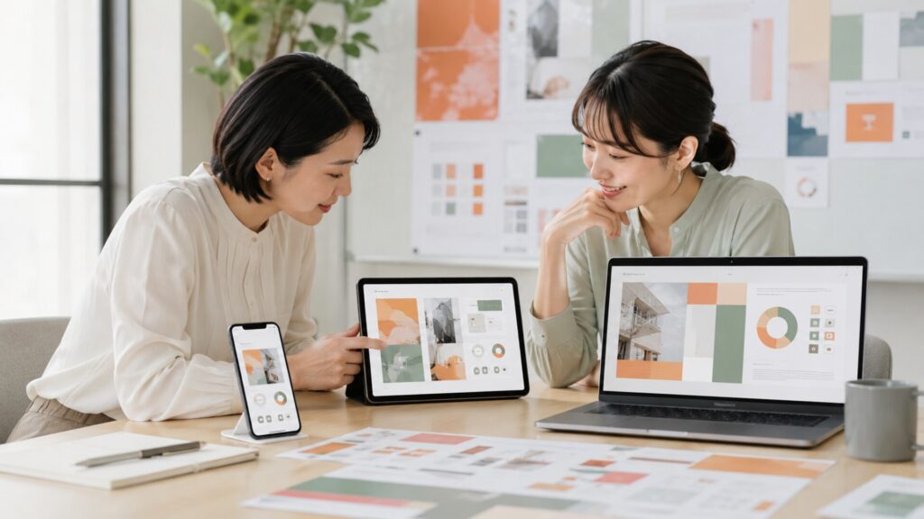 ターゲットと商品の世界観を統一する女性向けデザインの作り方を、スマホやPCの画面を見ながら相談する2人