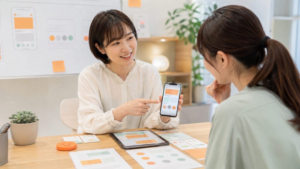 ユーザー視点でコーポレートサイトリニューアルを成功させるため、スマートフォンのUI画面を見ながら笑顔で話し合う二人の女性