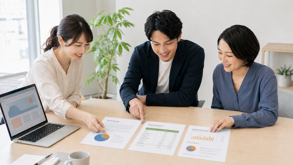 ホームページ制作会社との契約までの流れとして、男女3人が机上の書類やノートパソコンのグラフを見ながら笑顔で打ち合わせをする場面