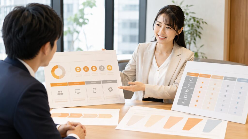 費用相場や失敗しない制作会社の選び方を検討するために、グラフや比較表が描かれた提案用のパネルを提示してプレゼンテーションを行う女性。