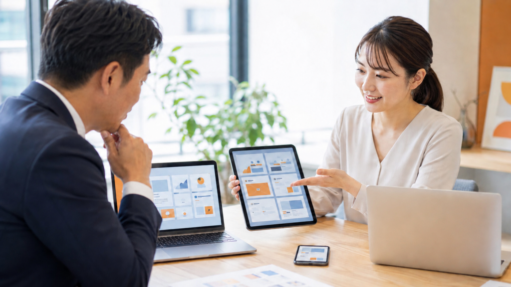 コーポレートサイトリニューアルの制作会社選びにおいて、タブレットのデザイン案を見ながら打ち合わせをする男女