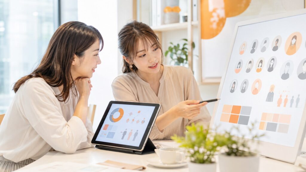 女性向けホームページ制作の集客に向け、モニターのターゲットペルソナを見ながら分析を行う二人の女性
