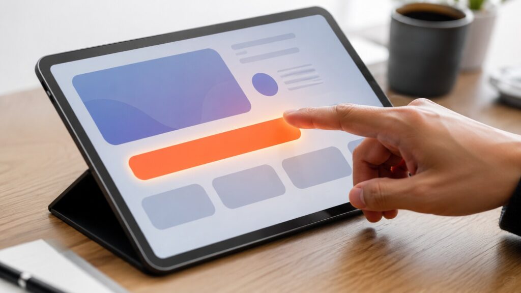 ランディングページのCVRを高める具体策として、タブレット画面に配置された目立つオレンジ色のCTAボタンをタップしようとするユーザーの手
