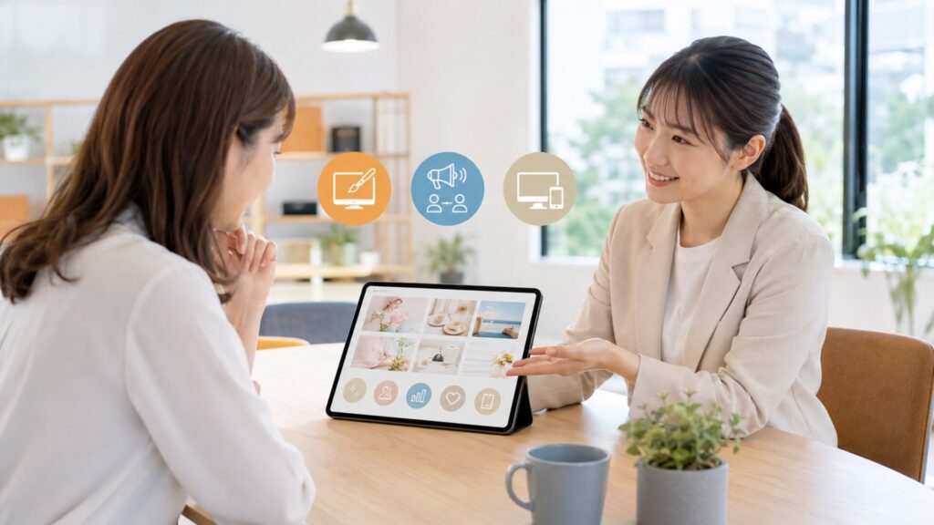 集客と売上を伸ばす女性向けホームページ制作について、タブレットの実績画像を見せながら提案する女性スタッフ
