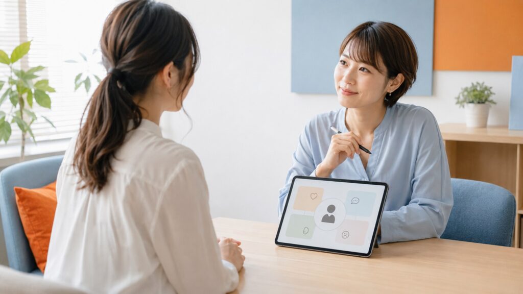 女性向けホームページ制作の集客に繋がる、ターゲットの心理や感情アイコンが映るタブレットを用いたヒアリング風景