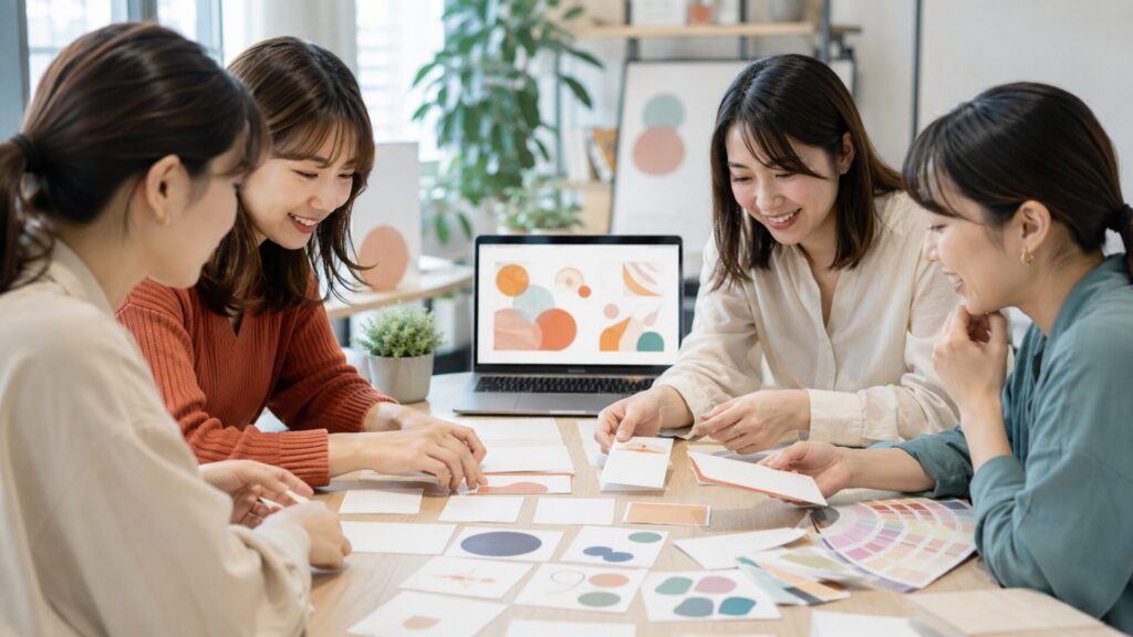 ブランディングデザインのコンセプト作りにおいて、机上の配色カードやパソコン画面のデザイン案を見ながら笑顔で議論するチーム。
