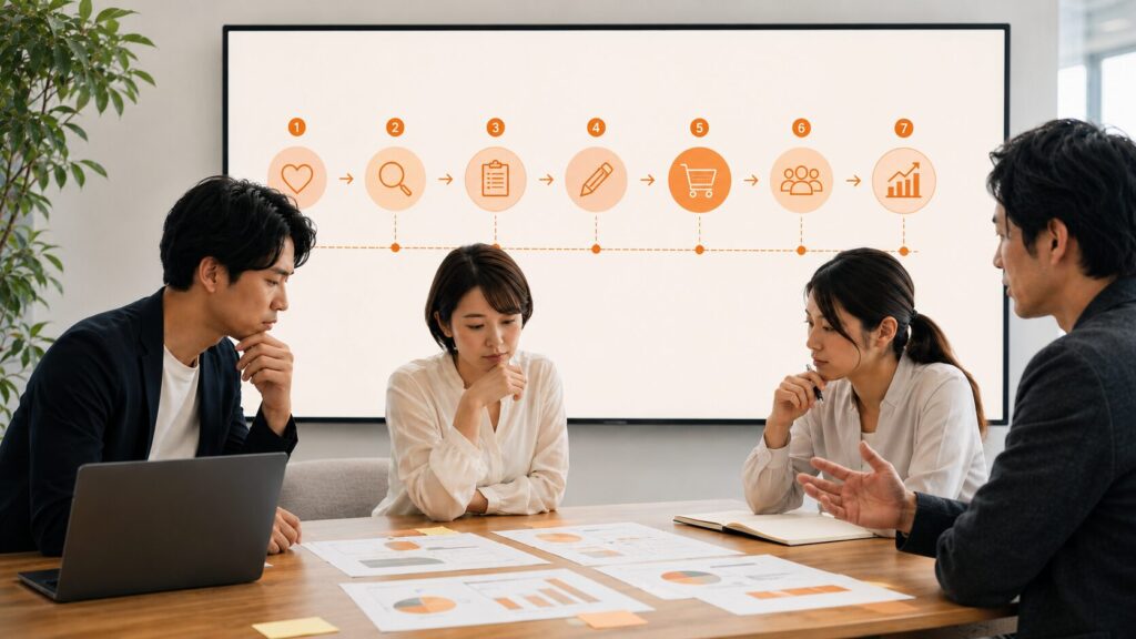 ランディングページ改善の進め方における課題や注意点について、モニターの全体像と手元のデータ資料を突き合わせながら真剣な表情で議論するメンバー