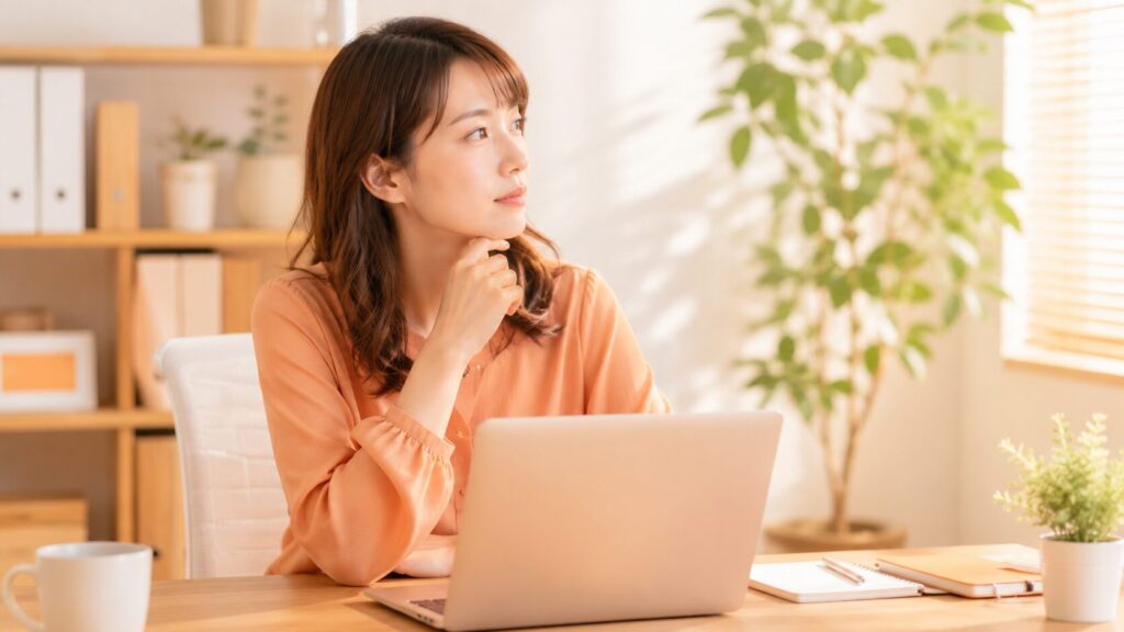 表面的な数値にとらわれず、ランディングページ改善の全体像やCVRを高めるための本質的な進め方について、パソコンから目を離し深く考える女性