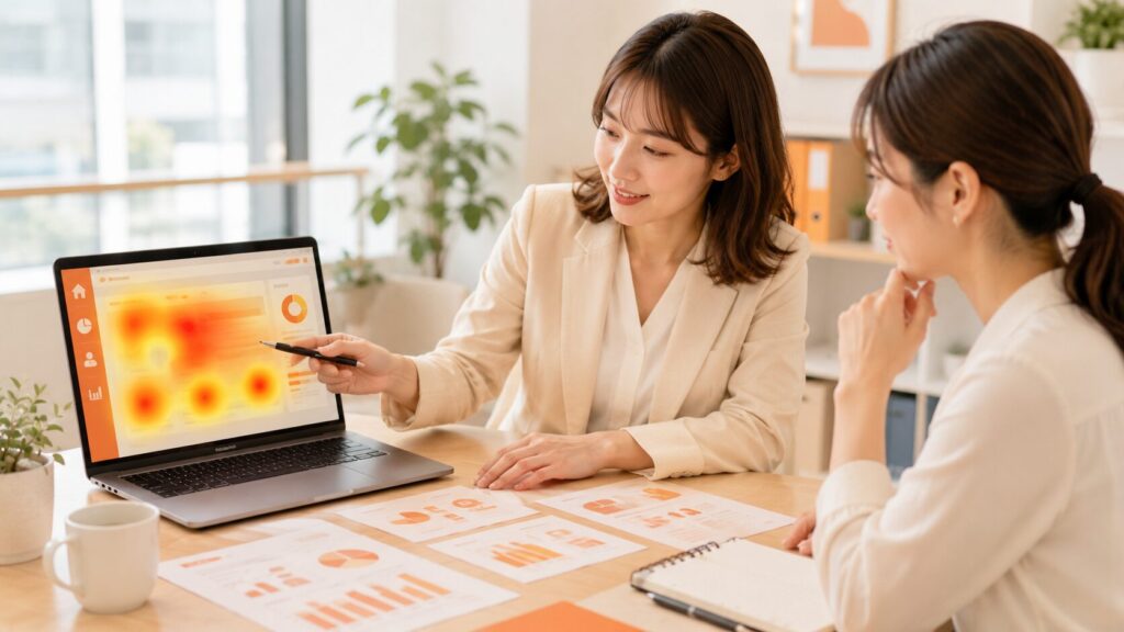 LPOの専門家からアドバイスを受けるため、パソコンのヒートマップ画面を一緒に確認しながらランディングページ改善の進め方を笑顔で相談する2人の女性