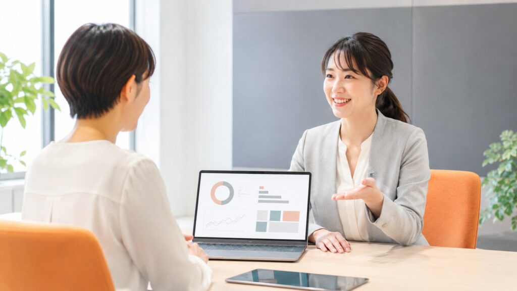 自社でのSEO対策が難しい場合に備え、プロの専門業者にノートパソコンのデータを見せてもらいながら相談する様子。
