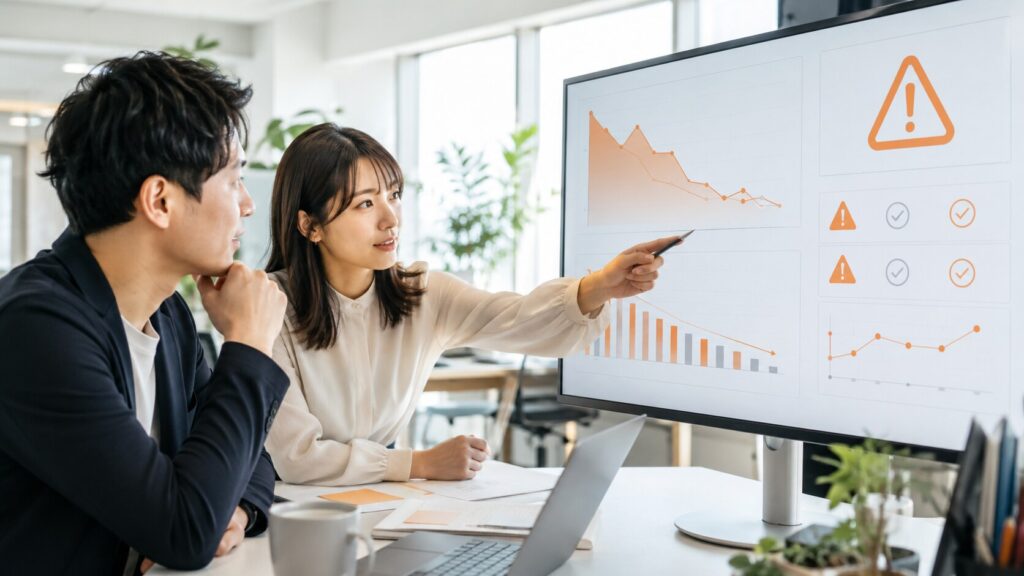 SEO対策で失敗しないための注意点として、モニターに表示されたアクセス低下のグラフや警告マークを真剣に分析する男女。
