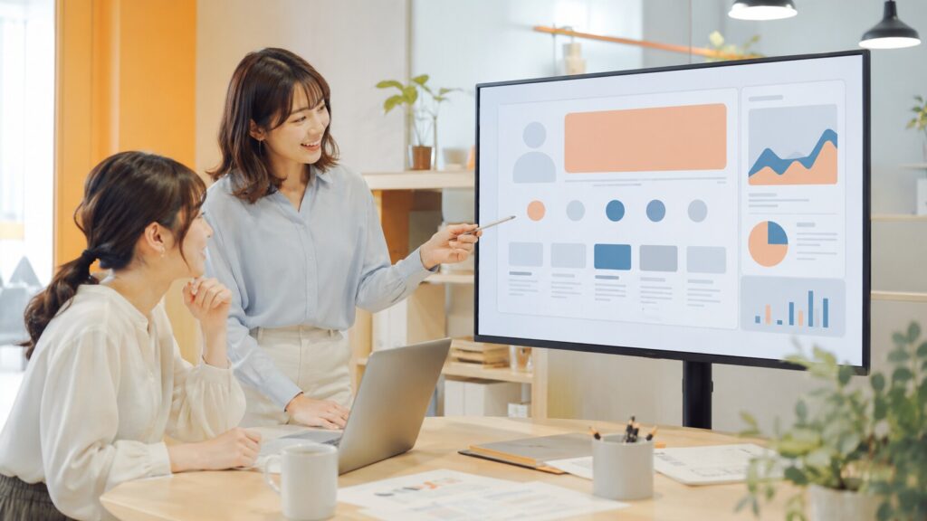 コーポレートサイトにおけるSEO対策の重要性について、大型モニターのサイト構成図を見ながら打ち合わせる担当者。