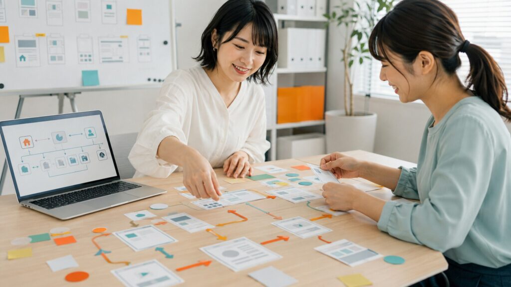 SEO対策に不可欠なユーザーが迷わないサイト設計のため、画面レイアウトのカードを並べてUI/UXを最適化している2人の女性。