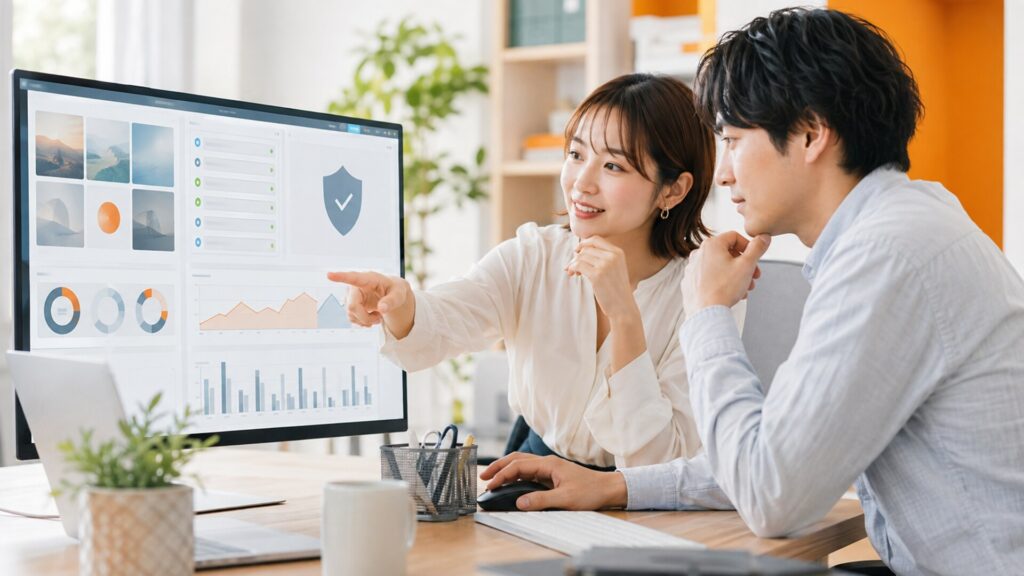 コーポレートサイト運用の具体的な業務内容について、PC画面のアクセス解析グラフを指差して議論する男女