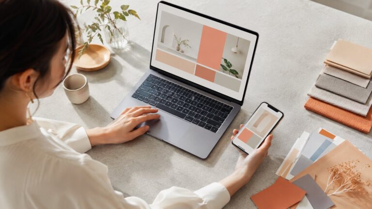 中小企業が選ばれる企業になるためのブランディングに向け、デザイン作業を進める女性