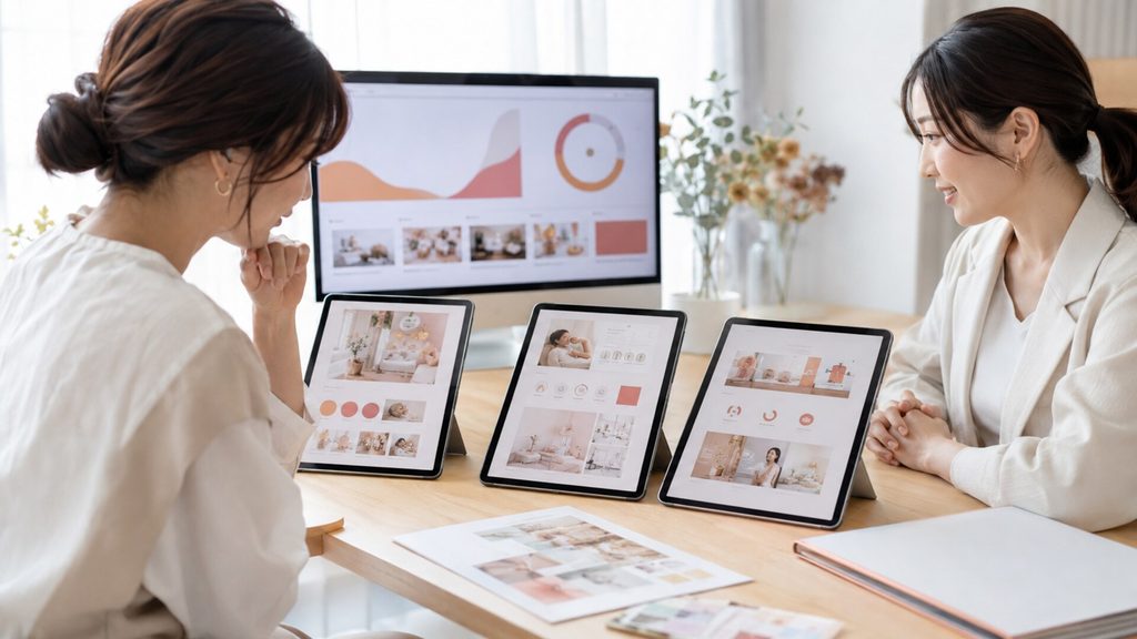 失敗しない美容室向けWeb制作会社の選び方。タブレットで複数のホームページ案を見比べ、背景のデータグラフを見ながら打ち合わせる様子