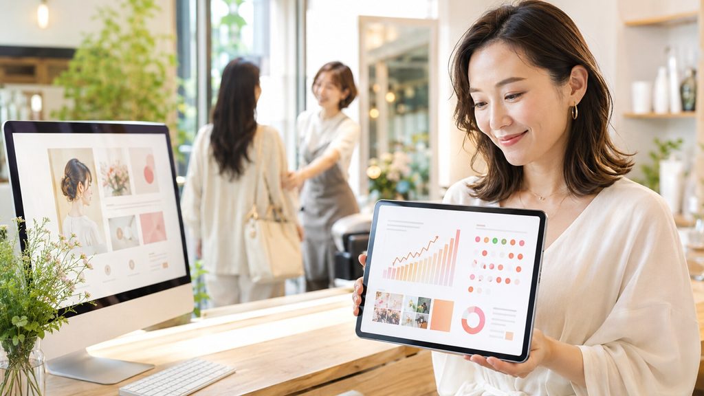 ホームページ制作による美容室の売上アップ。新規予約の増加を示す右肩上がりのグラフ画面を持つ女性と、背景の活気あるサロンの様子