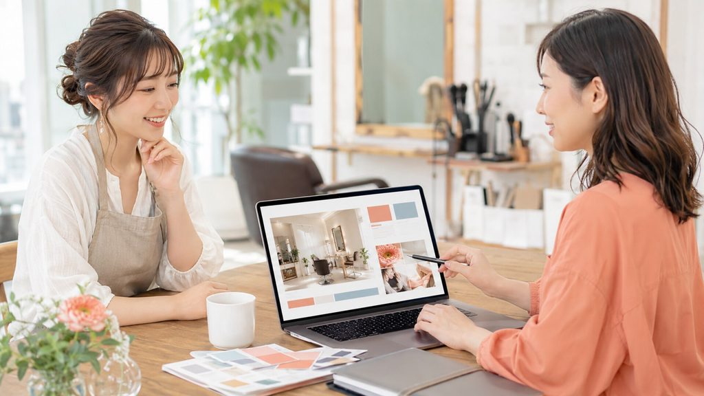 美容室のホームページ制作の打ち合わせ。ノートパソコンでサイトのデザイン画面を見ながら笑顔で相談する2人の女性