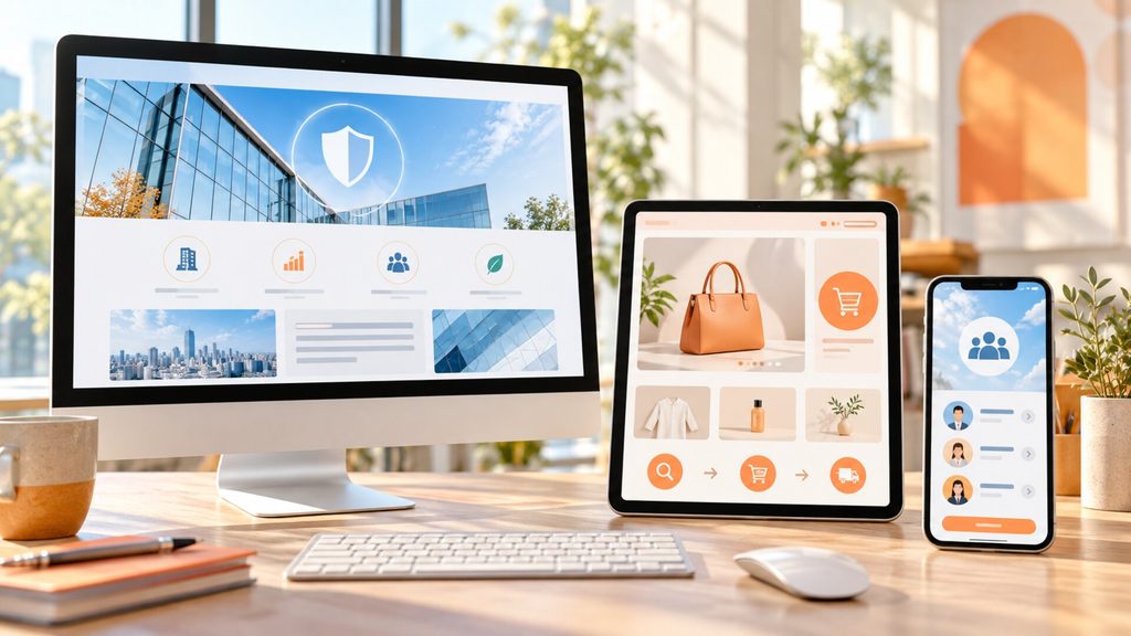 コーポレートサイトとサービスサイト・採用サイトの目的の違いを示す、端末ごとのWEB画面の比較