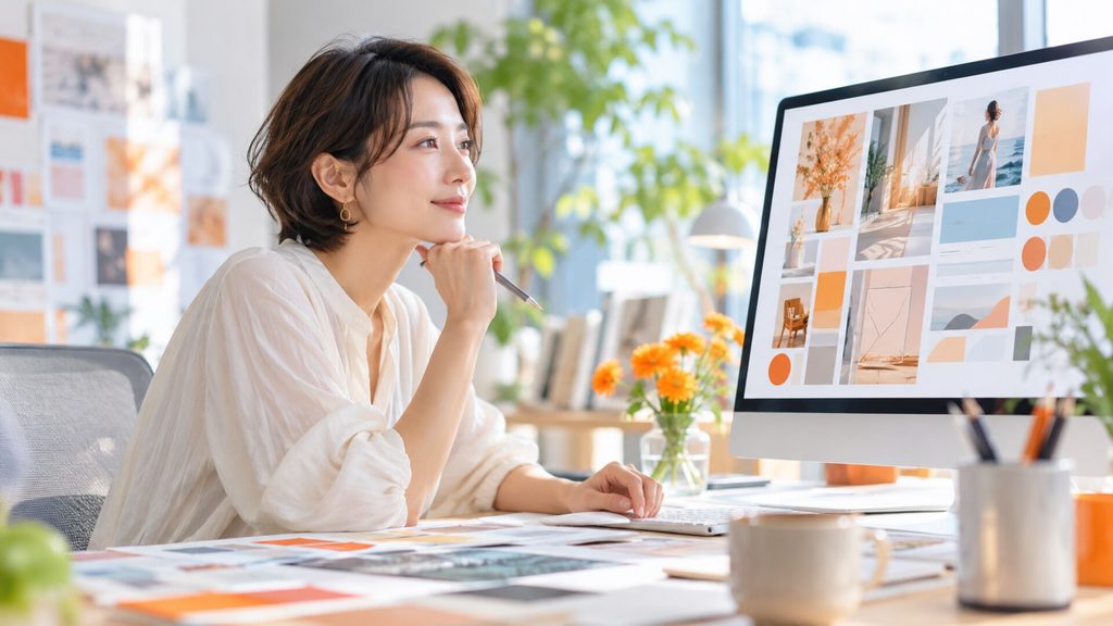 企業の考え方やブランドイメージを伝えるため、画面上のデザイン素材を見つめて検討する女性