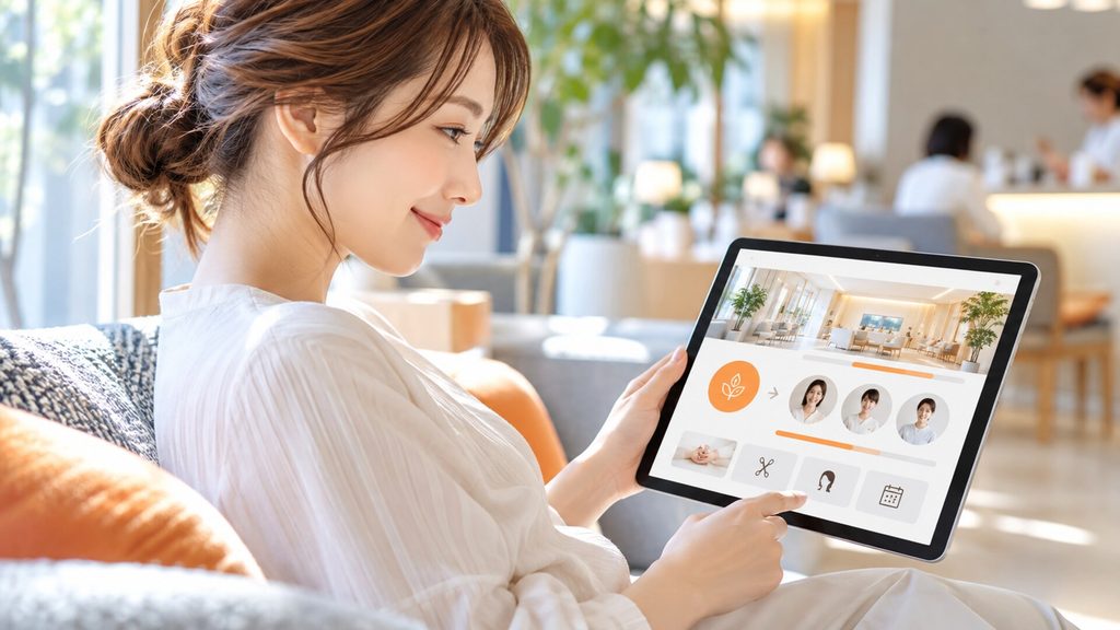 コーポレートサイトの目的達成のため、訪れたユーザーが確かめたい情報やスタッフ写真をタブレットで確認する女性